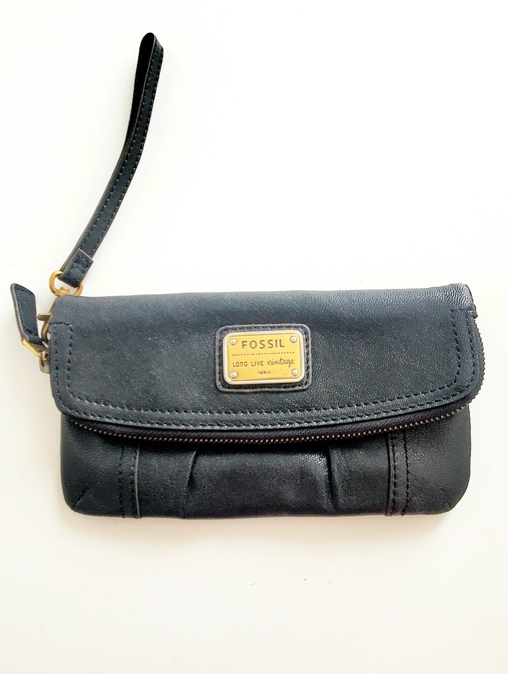 Fossil Black Leather Wristlet with Gold Logo Plate